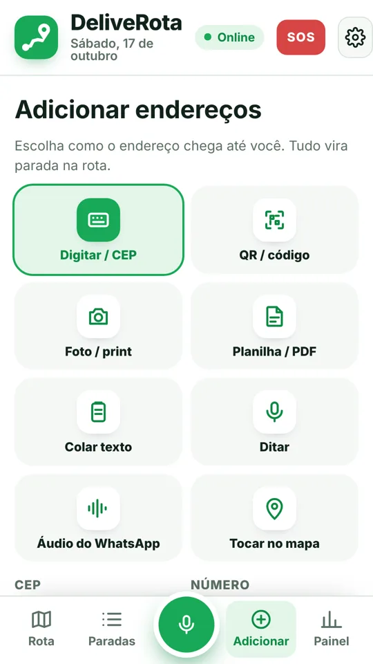 Tela com as formas de carregar a rota